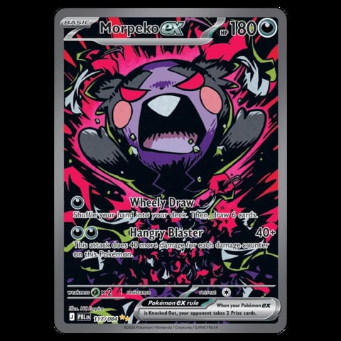 Morpeko EX Pokémon trading card featuring purple and pink artwork with Wriggly Brew and Hangry Blister attacks