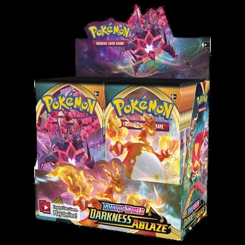 Pokemon Sword and Shield Darkness Ablaze booster box with pink and orange card designs featuring fire Pokemon