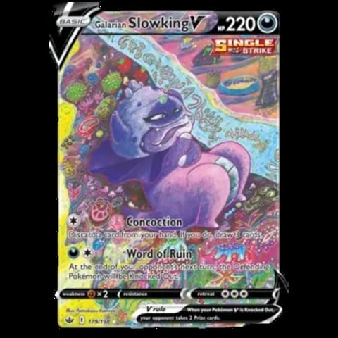 Galarian Slowking V holographic Pokemon trading card with 220 HP, featuring purple creature and colorful artwork background