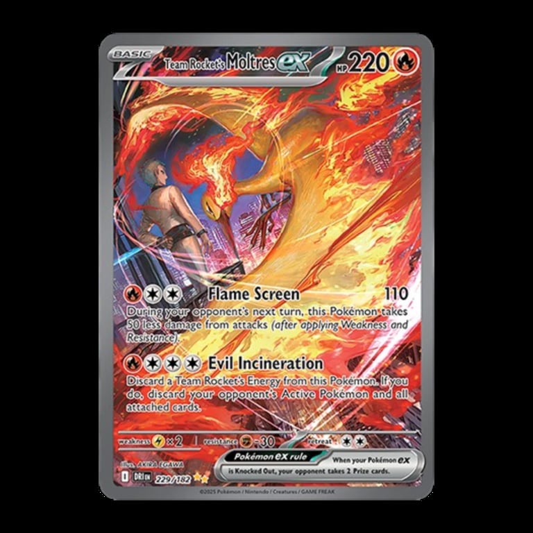 Pokémon Trading Card: Terapagos Moltres EX with 220 HP, featuring Flame Screen and Evil Incineration attacks on a fiery background