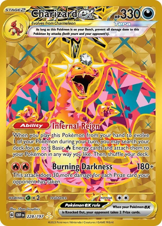 Stage 2 Charizard EX holographic Pokémon trading card with 330 HP, featuring Infernal Reign ability and Burning Darkness attack
