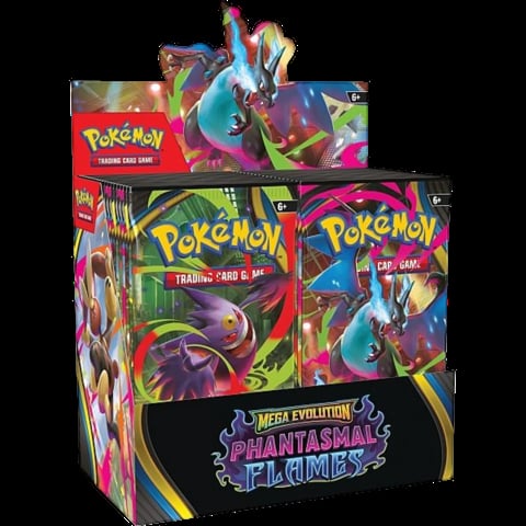 Pokémon Scarlet and Violet Phantasmal Flames trading card booster box displaying colorful game cards and Mega Evolution artwork