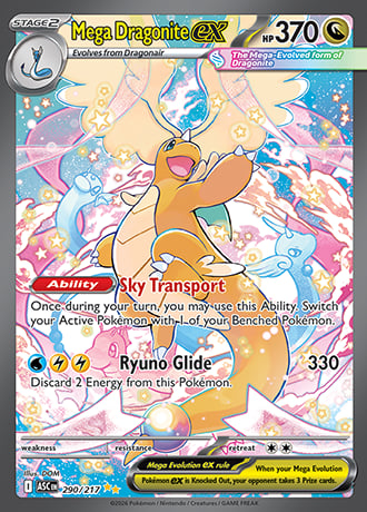 Mega Dragonite GX Pokemon trading card with Sky Transport ability and Ryuno Glide attack, HP 370, featuring orange dragon illustration