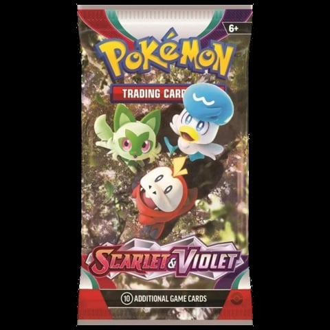 Pokemon Scarlet and Violet trading card booster pack featuring three Pokemon characters and 10 additional game cards