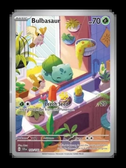 Bulbasaur Pokémon trading card with HP 70, featuring Leech Seed attack in a cozy indoor plant setting