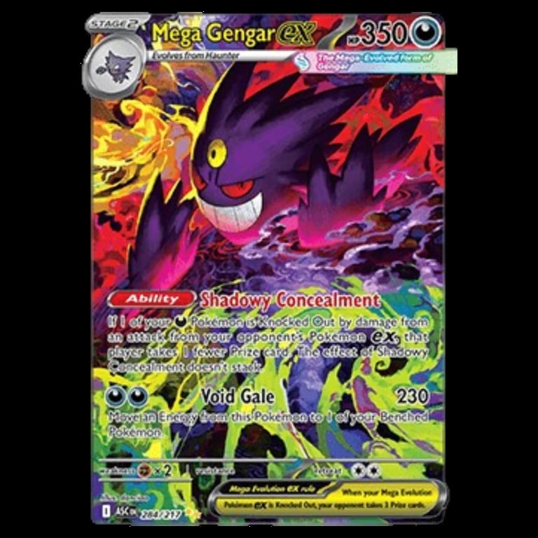 Mega Gengar EX Pokemon trading card with 350 HP, featuring purple demon-like creature with red spikes and yellow eyes surrounded by flames