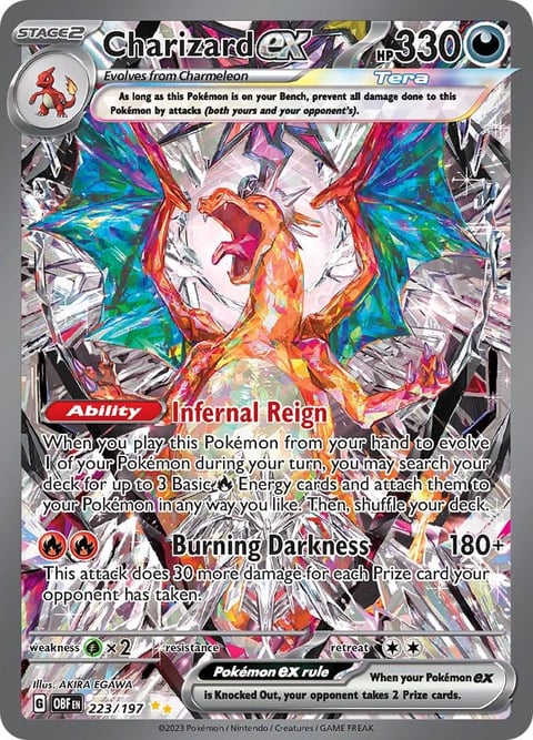 Charizard EX Pokemon trading card, Stage 2 fire type with 330 HP, featuring Infernal Reign ability and Burning Darkness attack