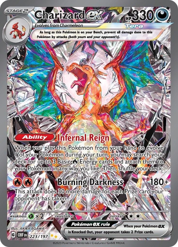 Charizard EX Pokemon trading card, Stage 2 fire type with 330 HP, featuring Infernal Reign ability and Burning Darkness attack