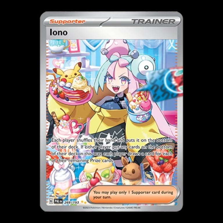 Iono Trainer Pokemon card featuring an anime girl with pink hair next to Pikachu and other Pokemon in a colorful cityscape setting