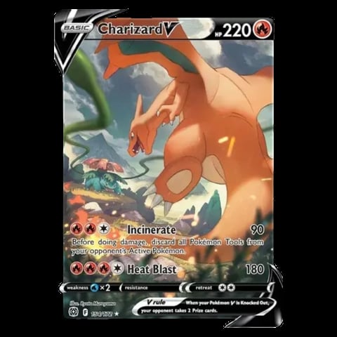 Charizard V Pokemon card with 220 HP showing fire-type attacks Incinerate and Heat Blast
