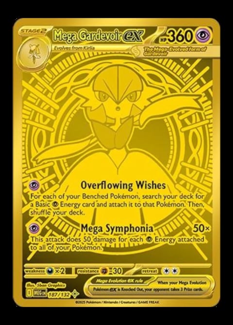 Mega Gardevoir EX 360 HP gold Pokemon card with Overflowing Wishes and Mega Symphonia attacks