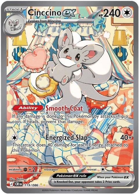 Cinccino EX Pokemon card with 240 HP, featuring Smooth Coat ability and Energized Slap attack
