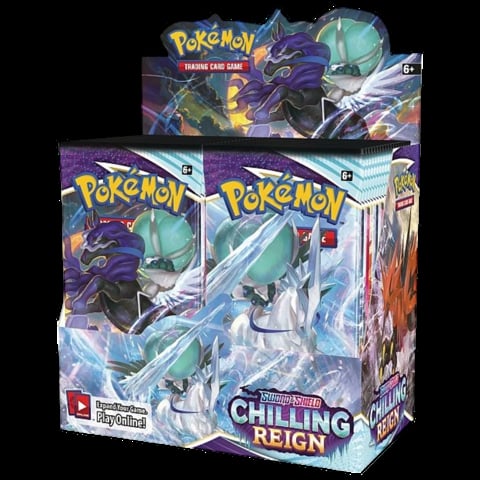Pokemon Trading Card Game Sword and Shield Chilling Reign booster box with purple and blue artwork featuring ice-type Pokemon