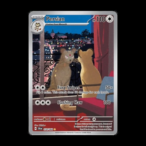 Persian Pokemon card showing a tan and yellow cat with blue and black cats on a rooftop at dusk, HP 110, with Fury Swipes and Slashing Claw attacks