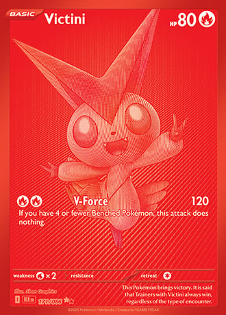 Red Pokemon card featuring Victini with V-Force attack, 80 HP, basic Pokemon card design
