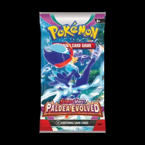 Pokemon Scarlet Violet Paldea Evolved booster pack with blue Pokemon illustrations and red banner indicating 10 additional game cards