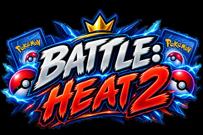 Pokémon Battle Heat 2 logo with blue lightning effects, a gold crown, and red text on black background