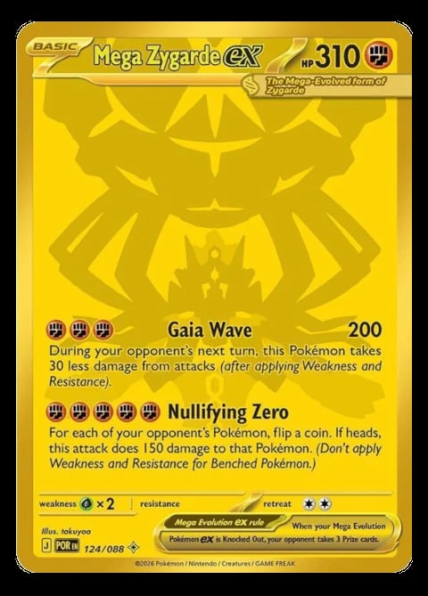 Mega Zygarde EX Pokemon card with yellow background, 310 HP, showing Gaia Wave and Nullifying Zero attacks