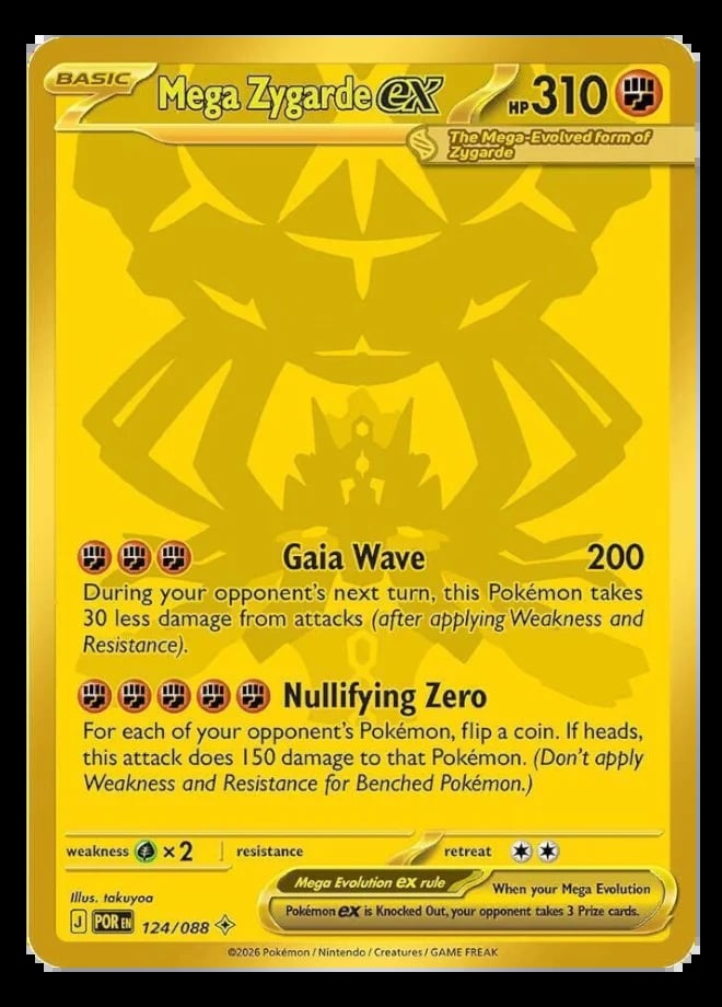 Mega Zygarde EX Pokemon card with yellow background, 310 HP, showing Gaia Wave and Nullifying Zero attacks