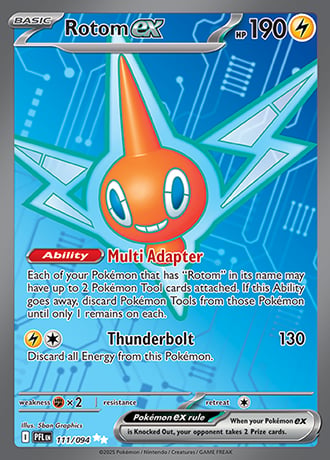 Rotom EX Pokemon trading card with orange Rotom figure, Multi Adapter ability, and Thunderbolt attack at 130 damage