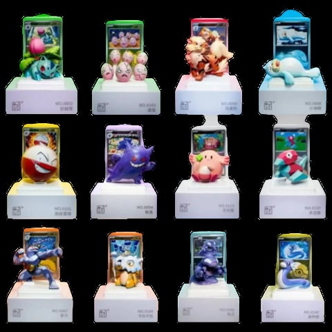 Collection of twelve colorful Pokemon mini figurine display cases arranged in a 4x3 grid on black background