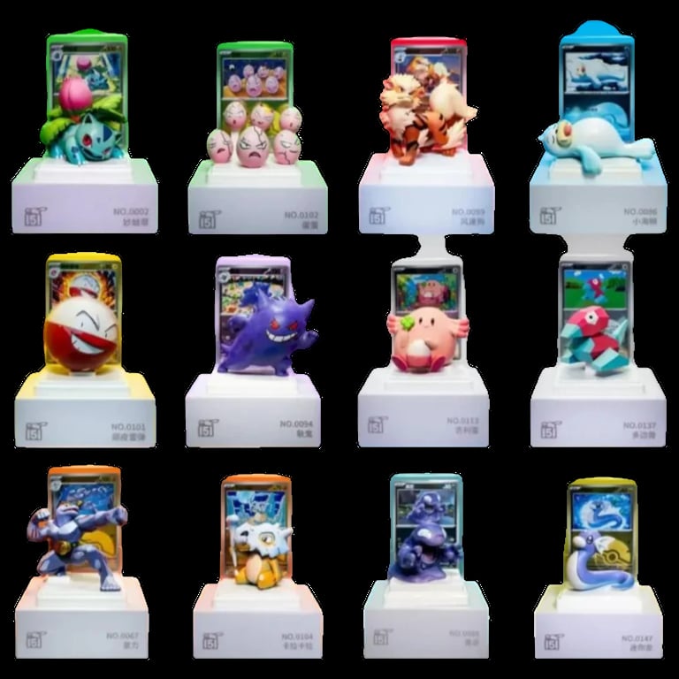Collection of twelve colorful Pokemon mini figurine display cases arranged in a 4x3 grid on black background