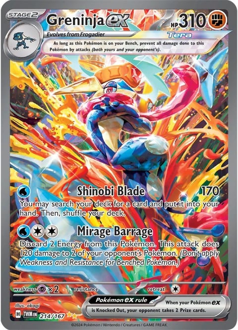 Greninja EX Pokémon trading card showing a blue ninja frog with orange markings in battle pose surrounded by colorful energy effects