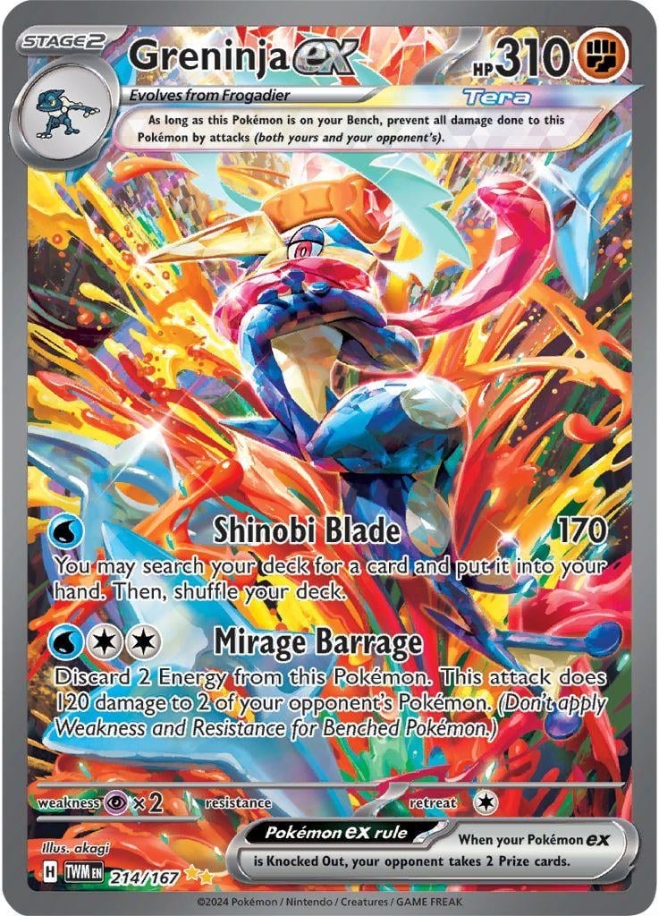 Greninja EX Pokémon trading card showing a blue ninja frog with orange markings in battle pose surrounded by colorful energy effects
