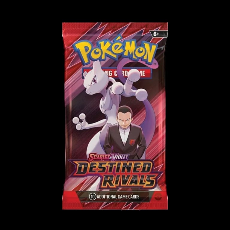Pokemon Scarlet and Violet Destined Rivals booster pack showing Mewtwo and a male character