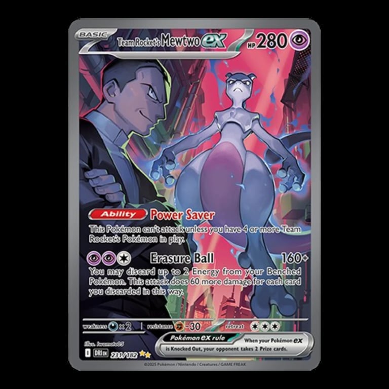 Mewtwo ex Pokemon card with HP 280, featuring Power Saver ability and Erasure Ball attack move