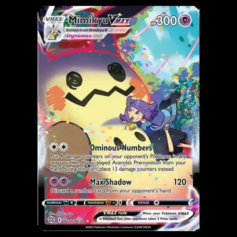 Mimikyu VMAX Pokémon trading card with hp300, featuring Ominous Numbers and Max Shadow attack moves
