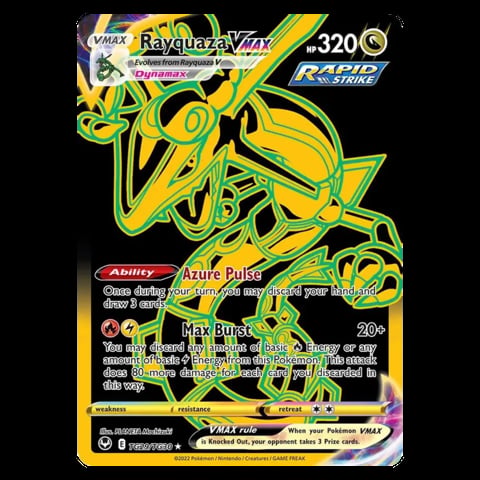 Rayquaza VMAX Pokemon trading card 320 HP with yellow and green coloring, showing Azure Pulse ability and Max Burst attack
