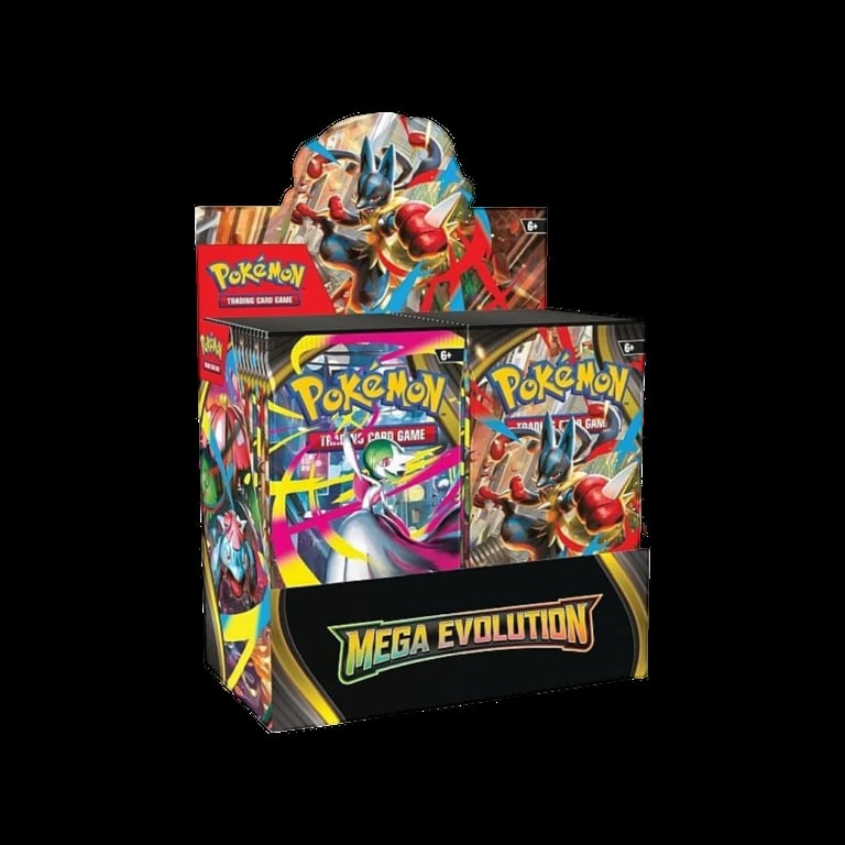 Pokemon Mega Evolution TCG booster box with colorful card pack artwork and characters on black background