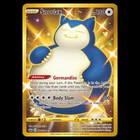 Snorlax Pokemon trading card with gold border showing blue and white character with Gormandize ability and Body Slam attack