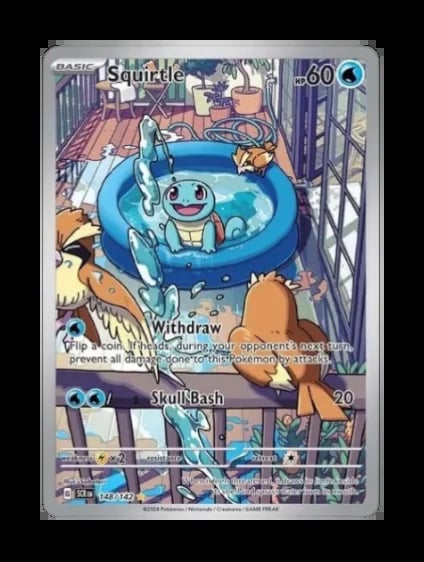 Squirtle Pokémon trading card featuring the water turtle character in a blue pool, with Withdraw and Skull Bash move abilities displayed