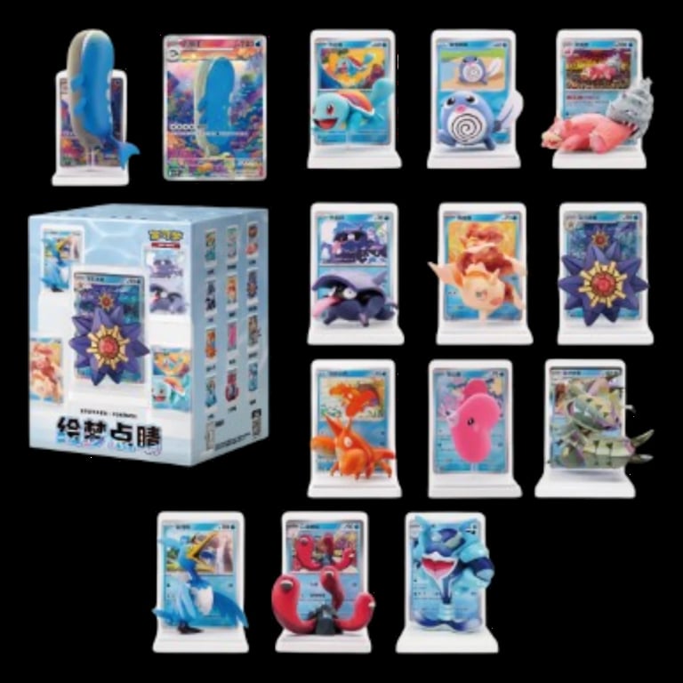 Collection of colorful Pokemon collectible figures and cards displayed with original packaging box on black background