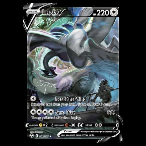 Lugia V Pokemon card at 220 HP with Read the Wind and Aero Dive attacks on a blue and dark background