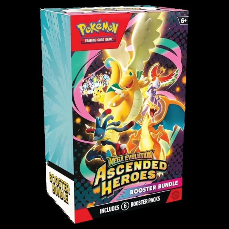 Pokemon Scarlet and Violet Ascended Heroes Booster Bundle box featuring Pikachu and other Pokemon characters