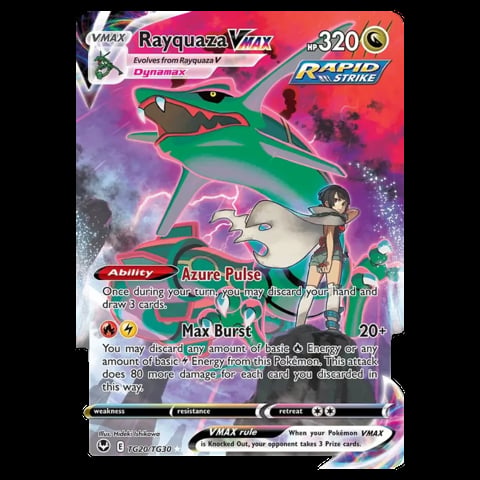 Rayquaza VMAX Pokémon trading card number 320 featuring the green legendary Pokémon with attack abilities and stats