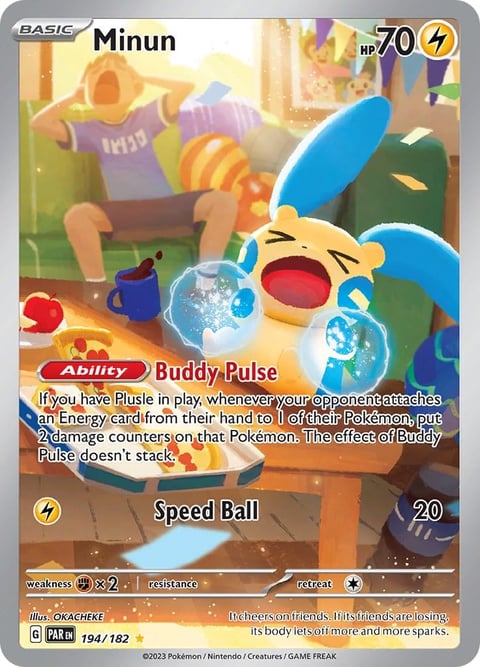 Minun Pokémon trading card with 70 HP, featuring Buddy Pulse ability and Speed Ball attack move
