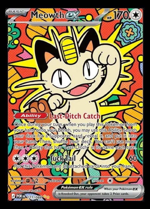 A colorful Meowth Pokemon trading card featuring an animated white cat with yellow stripes and a smiling expression against a vibrant comic book-style background