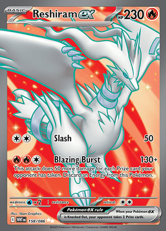 Reshiram EX Pokemon card showing a white legendary dragon with red accents, featuring Slash and Blazing Burst attacks at 230 HP.