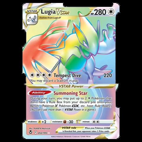 Lugia VSTAR Pokemon card with HP 220, featuring Tempest Dive attack and Summoning Star ability