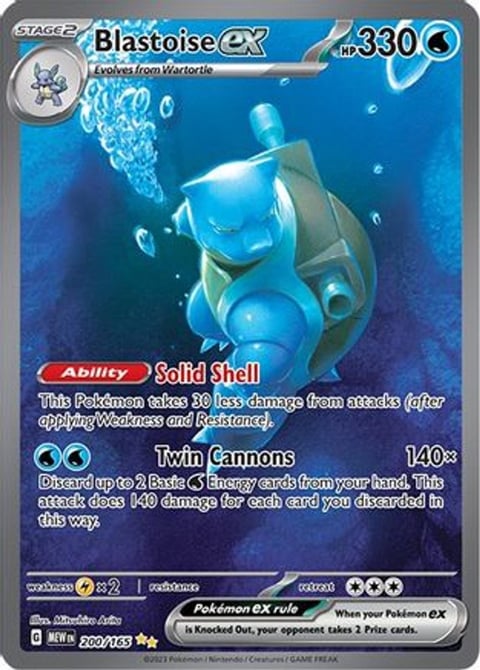 Blastoise EX Pokémon trading card showing a blue turtle-like creature with cannons, Stage 2 evolution, 330 HP, water type