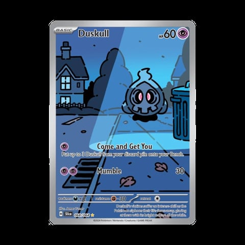 Duskull Pokémon trading card with 60 HP, featuring the ghost-type Pokémon in a snowy village setting with moves Come and Get You and Mumble