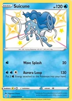 Suicune Pokémon card showing the water-type legendary beast with two attack moves: Wave Splash and Aurora Loop