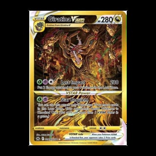 Giratina VSTAR Pokemon card showing a legendary dragon with 280 HP, featuring Lost Impact and Star Requiem attacks on yellow background