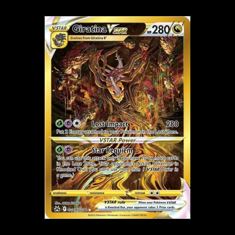 Giratina VSTAR Pokemon card showing a legendary dragon with 280 HP, featuring Lost Impact and Star Requiem attacks on yellow background
