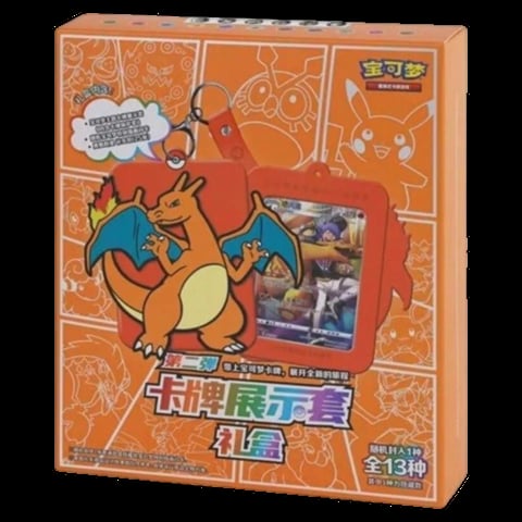 Orange Pokémon product box featuring Charizard with Japanese text and a red window display showing collectible cards
