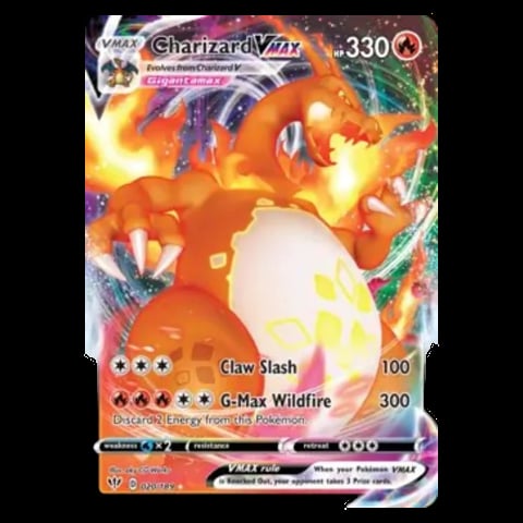 Charizard VMAX Pokemon trading card with 330 HP, featuring orange fire-breathing dragon and attack moves Claw Slash and G-Max Wildfire